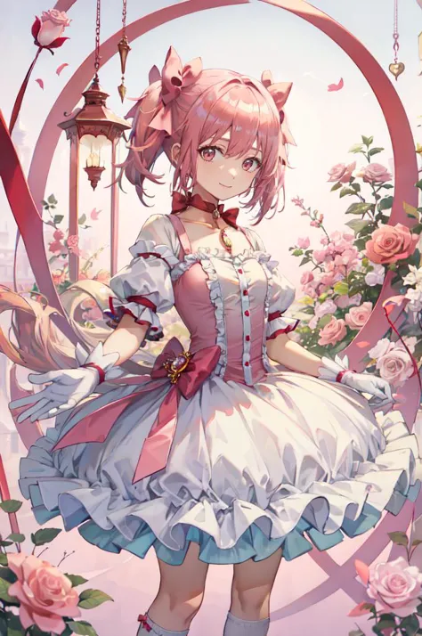 <lora:Madoka:1> MadokaAi, kaname madoka, pink eyes, pink hair, short hair, bangs, short twintails, small breasts, magical girl, rose, hair bow, hair ribbon, bow, ribbon, red ribbon, pink bow, red choker, ribbon choker, collarbone, soul gem, frills, dress, buttons, puffy short sleeves, frilled sleeves, white gloves, bubble skirt, socks, shoes, 
smile, abstract background, reaching towards viewer, open hand, pink background and white background, cowboy shot, bow,   <lora:TorinoV71:0.85>, absurdres, ultra detailed, masterpiece, best quality, aesthetic, detailed,