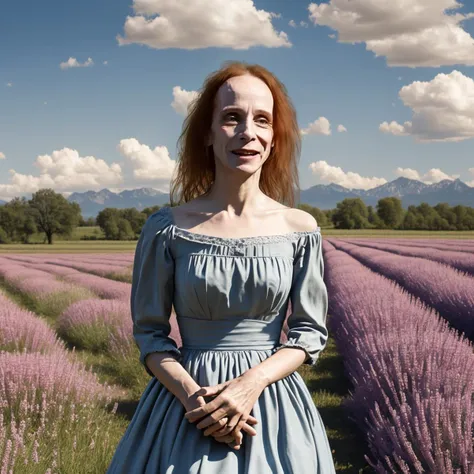 arafed woman in a blue dress standing in a lavender field