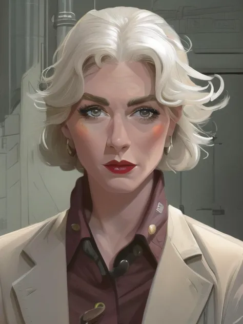 a close up of a woman with a white hair and a suit