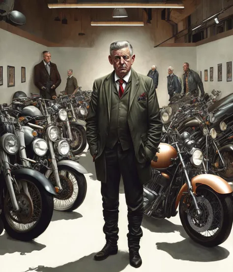 digital illustration, portrait of the (Canadian mob boss:1.1) standing before the machine shop, surrounded by motorcycles, detai...
