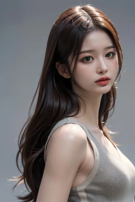 Best quality, masterpiece, ultra high res, (photorealistic:1.4), raw photo, 1girl, simple gray background, half body, looking at viewer, sleeveless