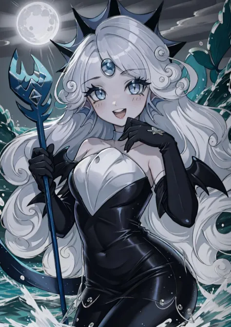 (masterpiece, best quality, highres, ultra detailed:1.2), (solo, 1girl, cowboy shot), blackpearl, monster girl, (grey skin, gray skin:1.4), crown, mermaid, mermaid tail, white hair, very long hair, head fins, wings, black gloves, trident, holding staff, black dress, BREAK, smile, open mouth, smug expression, facing viewer, BREAK, (storm, ocean, rough seas, lighting)