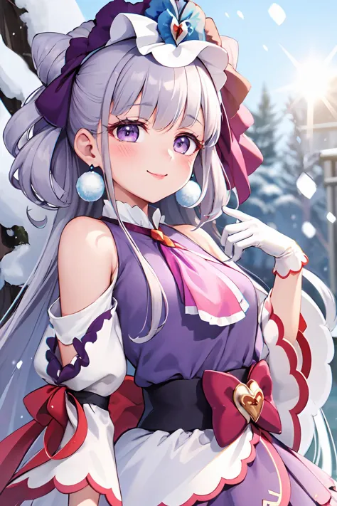 a close up of a anime character with a snow covered background