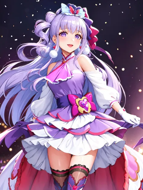 masterpiece, best quality, looking at viewer, depth of field, standing, full_body,
1girl, <lora:locon_cure_amour_01:0.85>, cure amour, purple dress, white gloves, ascot, wide sleeves, detached sleeves, layered dress, knee boots, purple thighhighs, ribbon-trimmed, pom pom earrings, headdress, lipstick, 
smile, (gradient background), lens flare,