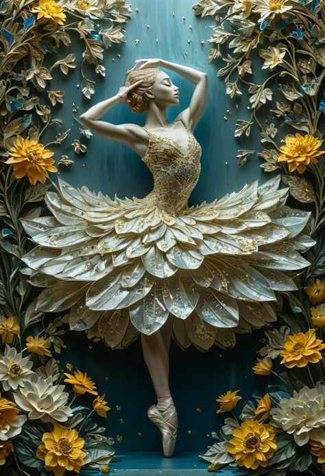 a close up of a ballerina in a dress surrounded by flowers