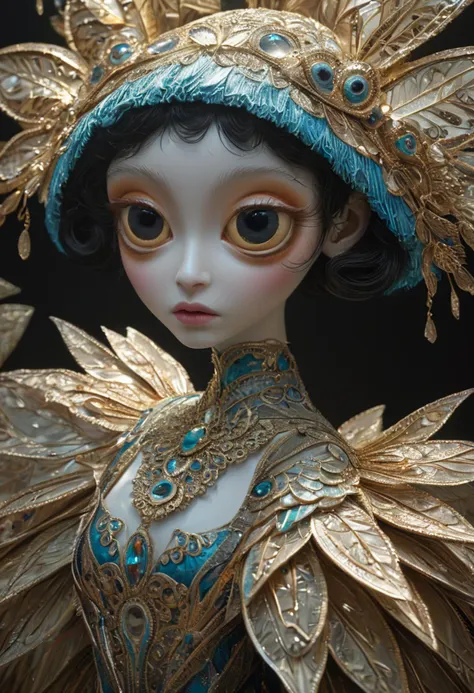 a close up of a doll with a blue hat and gold dress