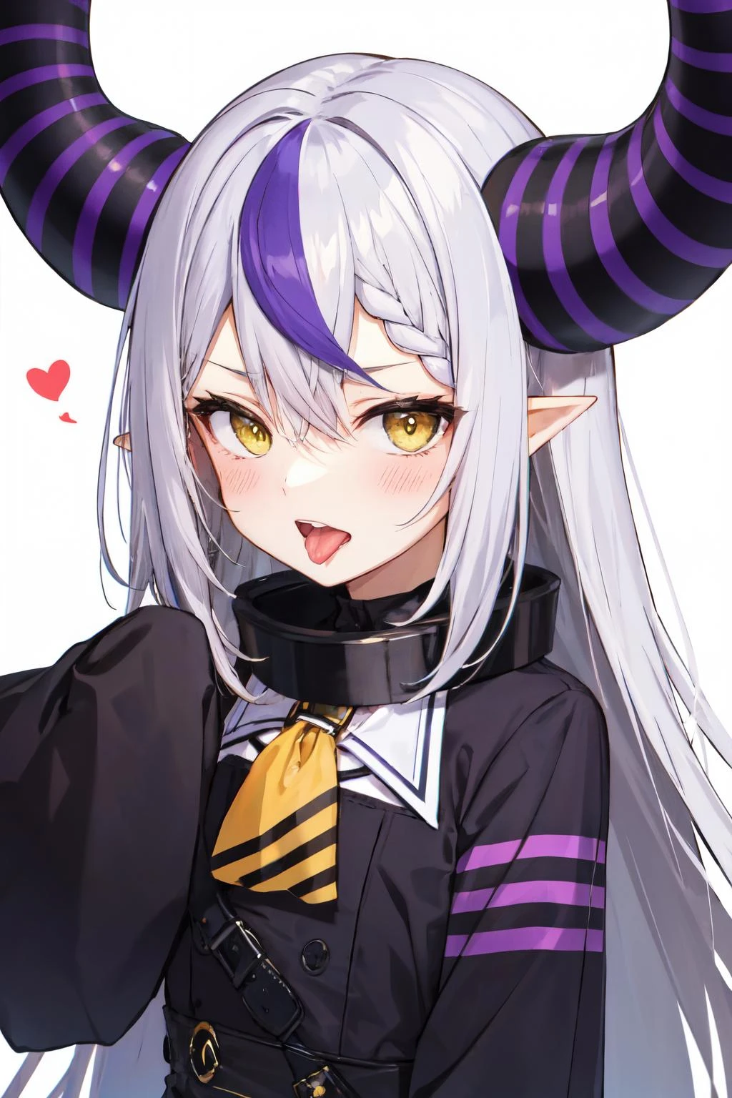 la+ darknesss, purple hair, hair between eyes, looking at viewer, striped horns, tongue, blush, sleeves past wrists, open mouth, yellow eyes, demon horns, 1girl, grey hair, horns, yellow ascot, long hair, white background, solo, simple background, pointy ears, streaked hair, tongue out, upper body, ascot, sleeves past fingers