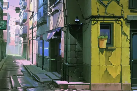 (mejor calidad, absurdos, alta calidad, Alto detalle, 8K), (anime screencap), (no humanos), Pokepelículas, El_observador,
Noche, an old brick and concrete tenement building stands alone at El end of El street atop a hill, with a view of El town below.