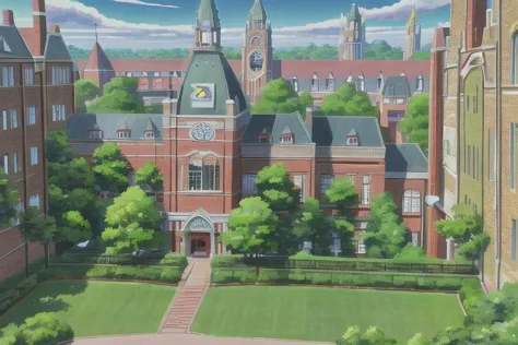 anime scene of a large building with a clock tower and a lawn