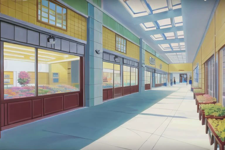 (Best quality, absurdres, high quality, high detail, 8k), (anime screencap), (no humans),
American shopping mall interior, storefronts, wide corridor, planters and benches, skylight,