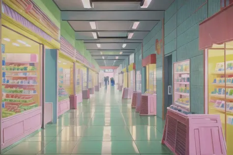 (Best quality, absurdres, high quality, high detail, 8k), (anime screencap), (no humans),
American shopping mall interior, storefronts, corridor, planters,