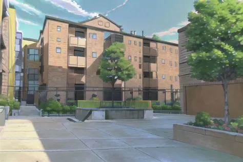 anime picture of a building with a skateboard in the courtyard