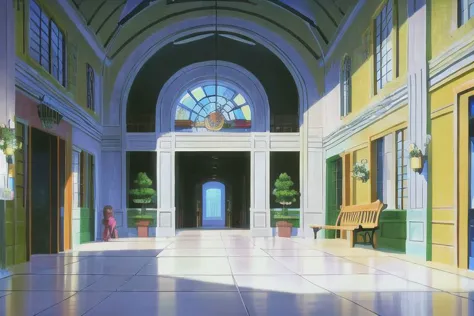 (Best quality, absurdres, high quality, high detail, 8k), (anime screencap), (no humans), Pokemovies
American shopping mall interior, storefronts, wide corridor, planters and benches, skylight,