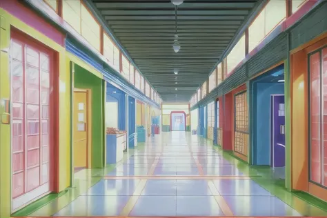 (Best quality, absurdres, high quality, high detail, 8k), (anime screencap), (no humans),
American shopping mall interior, storefronts, corridor, planters,