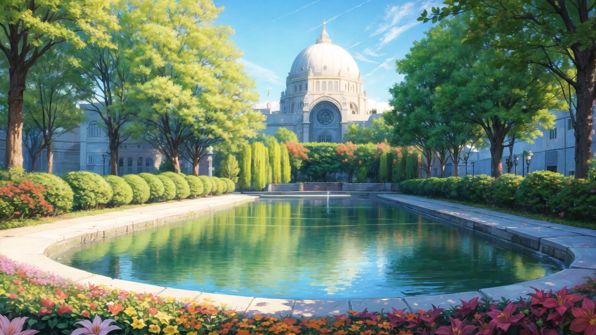 best quality,(masterpiece:1.3),ultra-detailed,unity 8k wallpaper,Park, Nagasaki, Fountain, Flower Bed, tree,