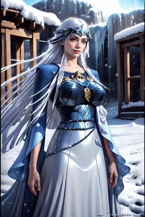 a woman in a blue dress and a white hair is standing in the snow