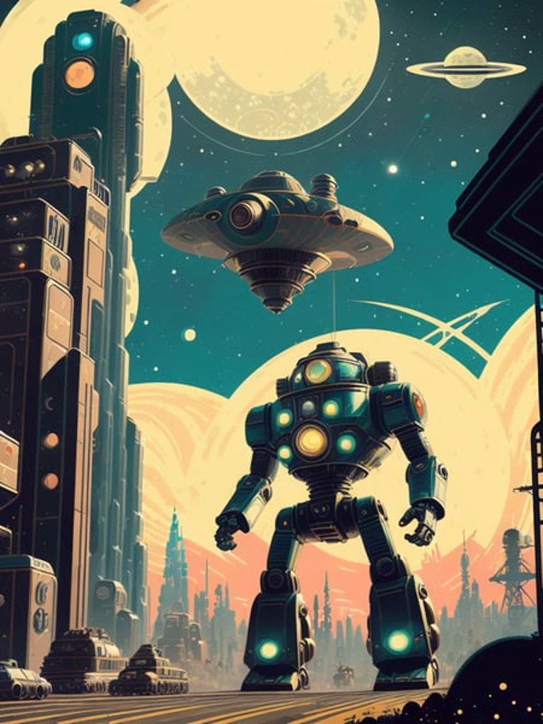 analog 風格, (姆托朋克:1.4), 傑作, 最好的品質, 8K, PIXIV, 藝術站, 銳利的焦點, 經典的 pulp art illustration of big retro humanoid robot attacking atompunk city, 夜晚, 空間, 星星, 行星, 火星, 空間ship, 外星人, 美麗的原子龐克城市景觀, (經典的 \(漫畫\) 風格:1.4), (平面颜色:1.4), 復古效果