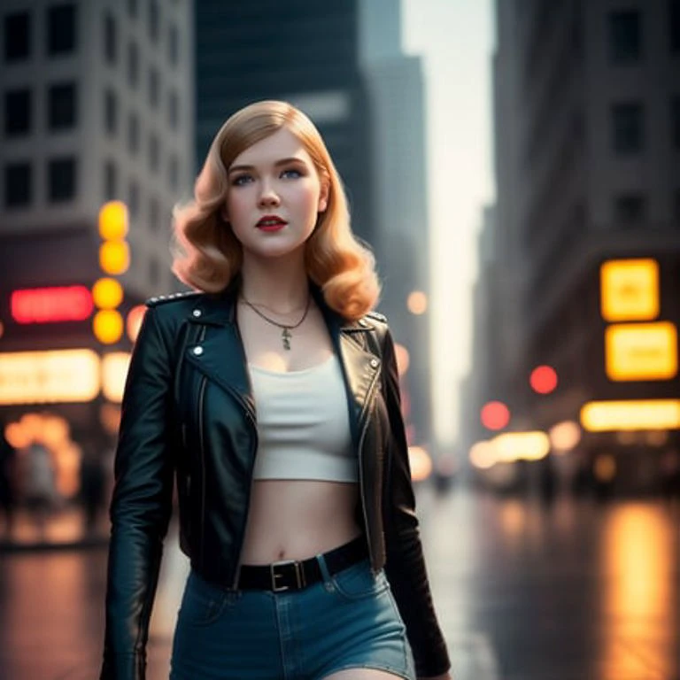 mtompunk, 1950s style, masterpiece, best quality, 8k, artstation, high details, sharp focus, high quality, ultrarealistic, raw photo portrait, beautiful sexy Elsie Fisher, leather jacket, (no bra:1.2), looking at (viewer:1.21), (perfect face:1.2), (perfect eyes:1.2), (big breasts:1.2), (big ass:1.2), dark hair, (wind blow:1.2), (midnight:1.2), city light, walking in a city, [depth of field], volumetric light, cinematic lighting, medium shot, (face focus:1.2)