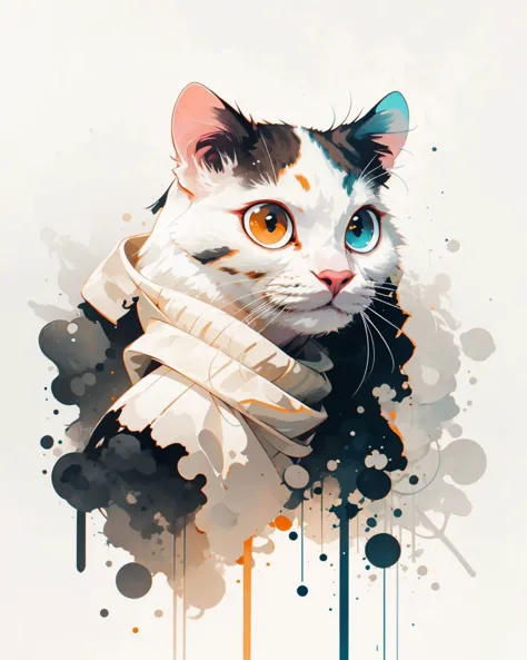 masterpiece, best quality, turkish van cat, large eyes, (cartoon), upper body, splashing, abstract, psychedelic, (neon:0.8), extremely detailed, (white background:1.3), ink,  (creative:1.3), intricate detail, (pretty face), dynamic lighting, natural lighting, photorealistic, sy3  