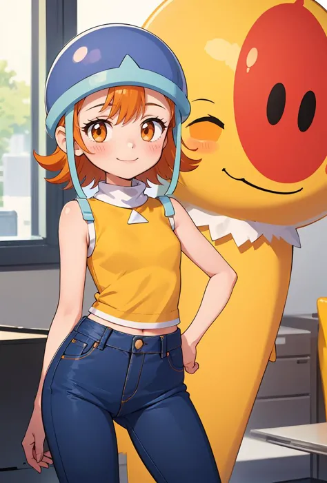 (masterpiece, best quality), 1girl,  <lora:Sora:0.8> SoraDef, , blush, smile, short hair, orange hair, helmet, orange eyes, digimon, , yellow shirt, shirt, sleeveless, pants, jeans,