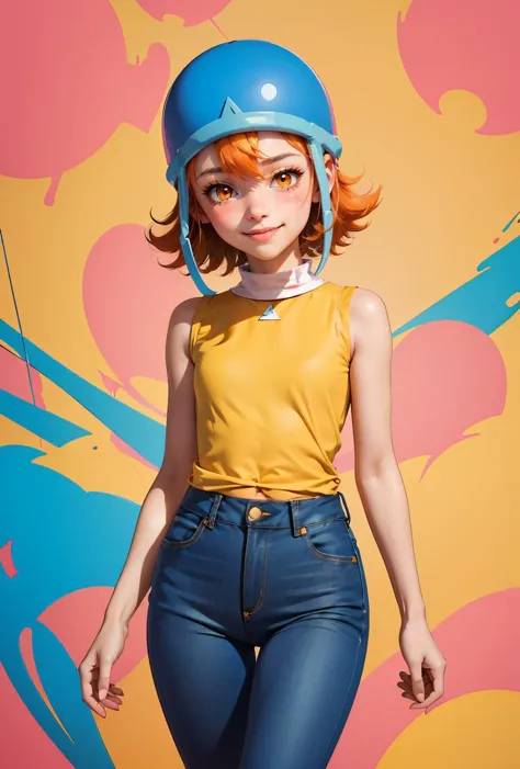 (masterpiece, best quality), 1girl,  <lora:Sora:0.8> SoraDef, , blush, smile, short hair, orange hair, helmet, orange eyes, digimon, , yellow shirt, shirt, sleeveless, pants, jeans,