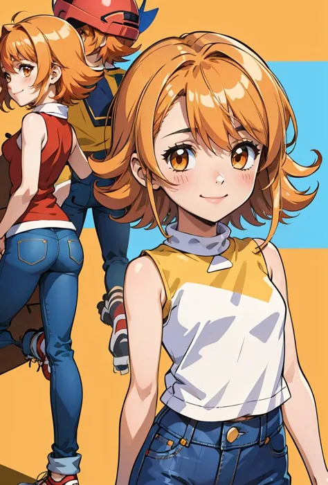 (masterpiece, best quality), 1girl,  <lora:Sora:0.8> SoraDef, , blush, smile, short hair, orange hair, helmet, orange eyes, digimon, , yellow shirt, shirt, sleeveless, pants, jeans,