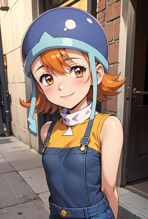 anime girl with a helmet on standing on a sidewalk