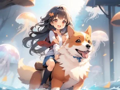 anime girl riding a dog in the water with jellys