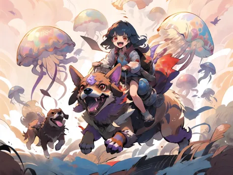 anime girl riding on a dog with jellys in the background