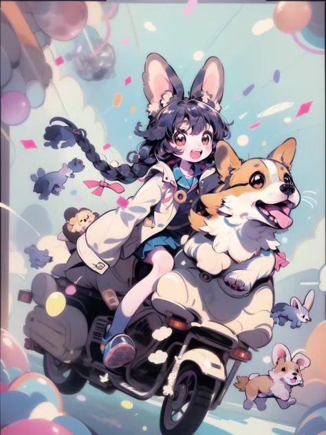 ,  twin braids, animal ears, smile, dog ears, food, pleated skirt, rabbit, red eyes, open mouth, solo, long sleeves, doughnut, b...