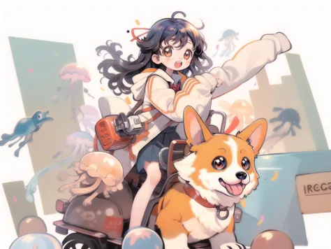 anime girl riding a motorcycle with a dog and a cat