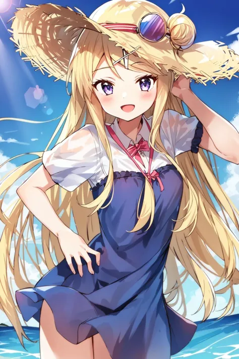 1girl, kujo karen, summer dress, :d, city, sun, <lyco:kujo-karen_v3:0.9>, violet eyes, summer hat, sunglasses