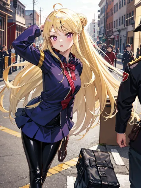 anime girl in a uniform walking down a street with a suitcase