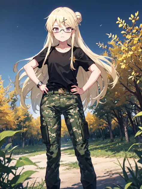 <lora:kujo-karen_v3:0.8>, kujo karen, violet eyes, 1girl, solo, camouflage pants, black T-shirt, military badge, sunglasses, hands on hip, in the field,