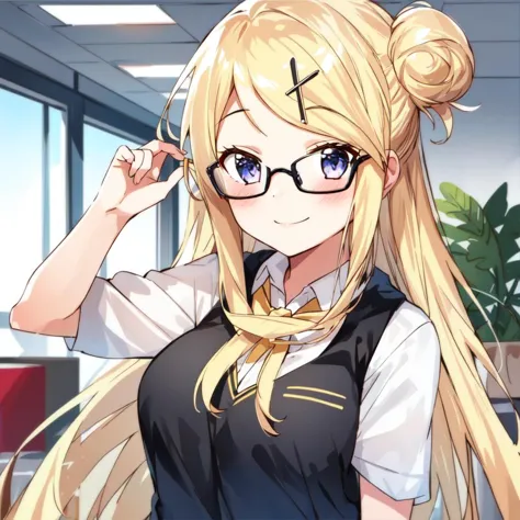 anime girl with long blonde hair and glasses in a room