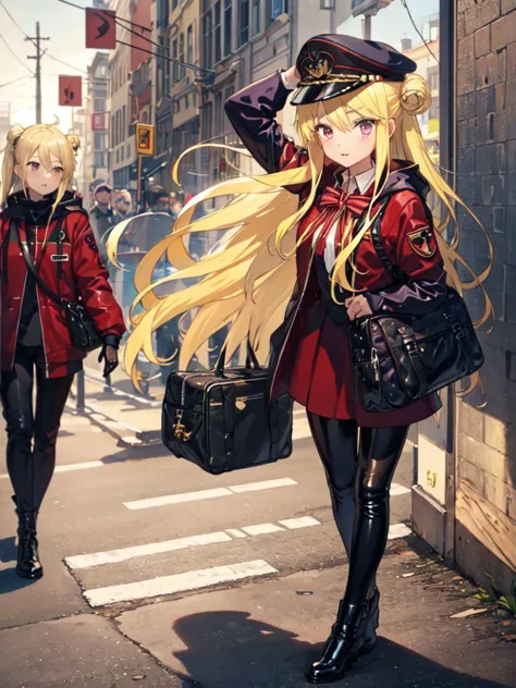 anime girl in red coat and black pants walking down the street