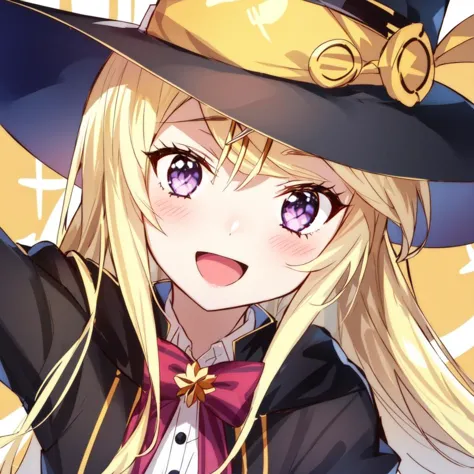 1girl, kujo karen, yellow hair, halloween, face closeup, <lyco:kujo-karen_v3:0.9>, violet eyes, halloween hat, halloween clothes, violet eyes, :d