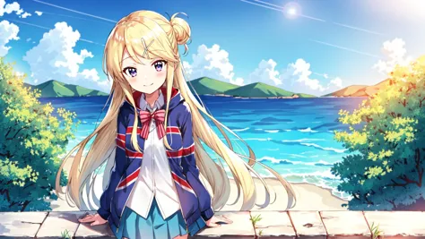 anime girl standing on a stone wall looking out at the ocean