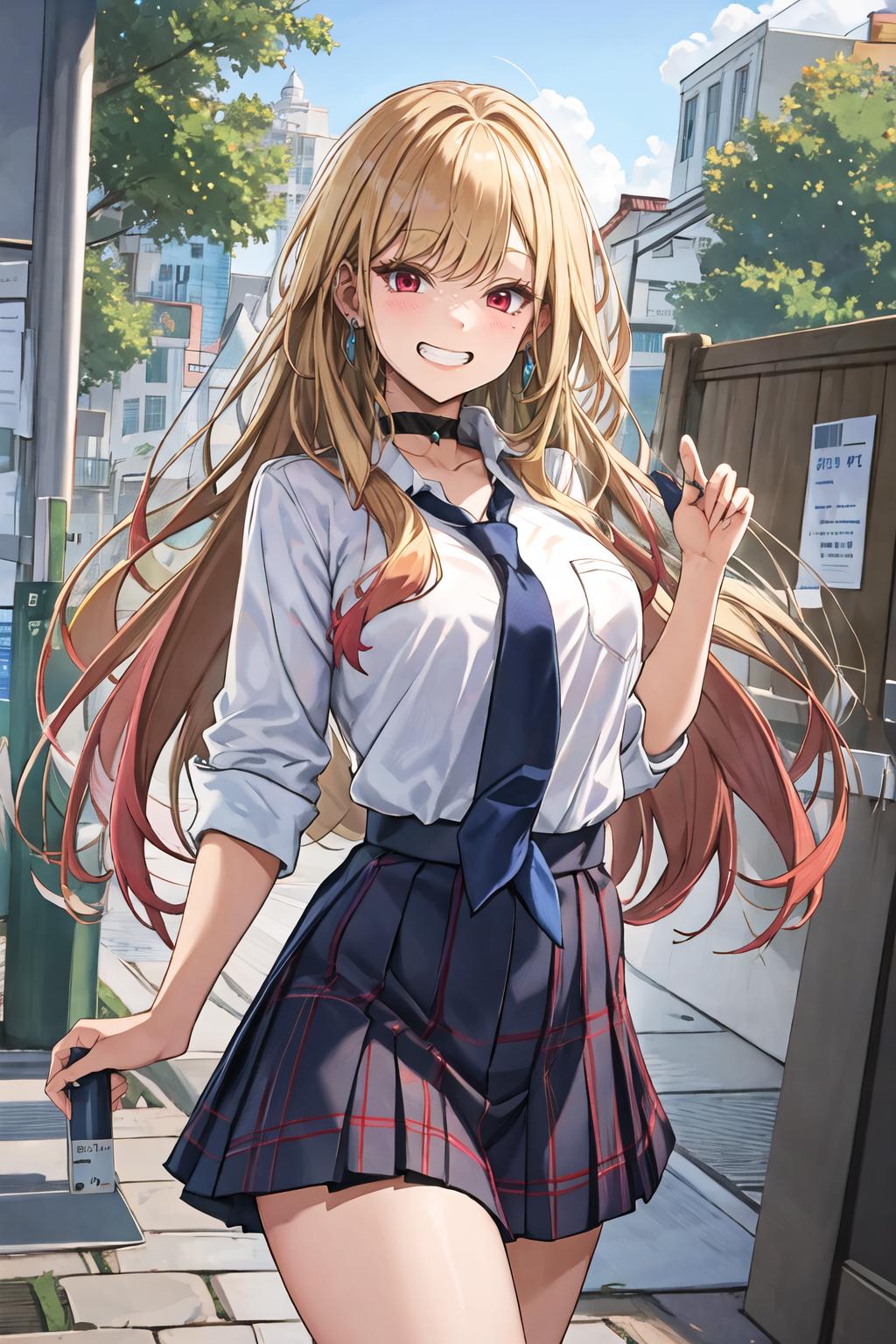 Chica anime en uniforme escolar caminando por la calle. - SeaArt AI