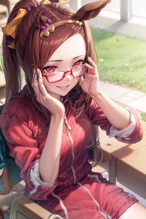 anime girl with glasses sitting on bench with her hand on her face