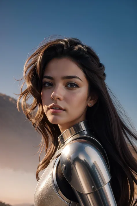 a woman in a silver suit standing in front of a mountain