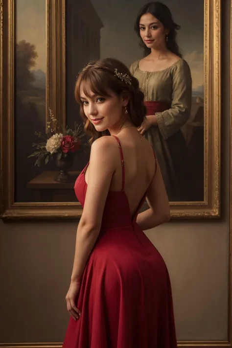 ((masterpiece)), ((detailed)), ((best quality)), (Breathtaking), ((Spectacular)), (Impressive), Woman,red dress,smile,bangs,Oil ...