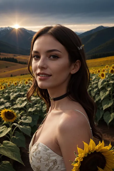 arafed woman in a field of sunflowers with mountains in the background