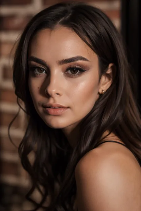 a close up of a woman with long hair and a black top