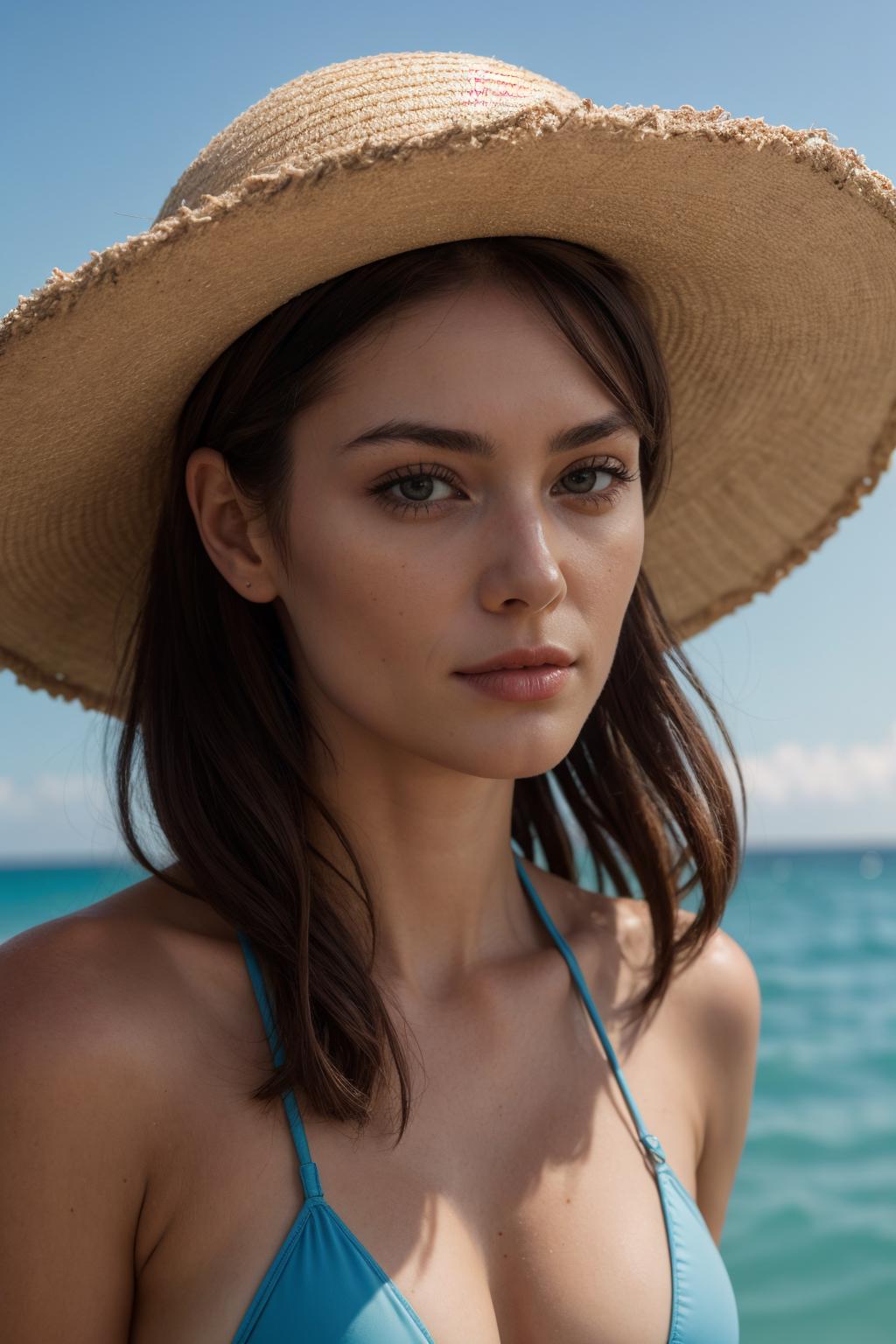 Arafed woman in a white bikini and a straw hat on the beach - SeaArt AI