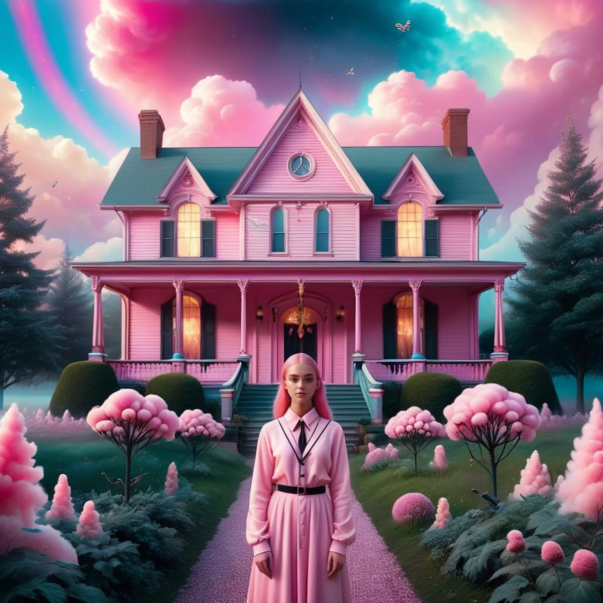 две женщины стоят перед старым домом с привидениями, в стиле светло-розового, портретная съемка в социальных сетях, Замысловатые костюмы, демоническая фотография, Барбикор, эстетика снимка, Темный pink and light pink  against a rainbows, фон представляет собой дизайн тай-дай, переплетение, a Горящий realistic pink and blue sun, Реалистичное пламя, Горящий, киборг, черно-белые фрактальные спирали, Мельчайшие детали, растения, щупальца осьминога, сотовый узор, сакральная геометрия на коже, цветок жизни, психоделический, Визионерское искусство, чрезвычайно подробный, гиперреалистичный, свежий, 8K с апскейлингом до максимума, Темный, Ужастик, подсолнухи, шедевр, в горошек, кинематографический фон. Он немного пушистый, мультяшный стиль с элементами минимализма. сахарная вата