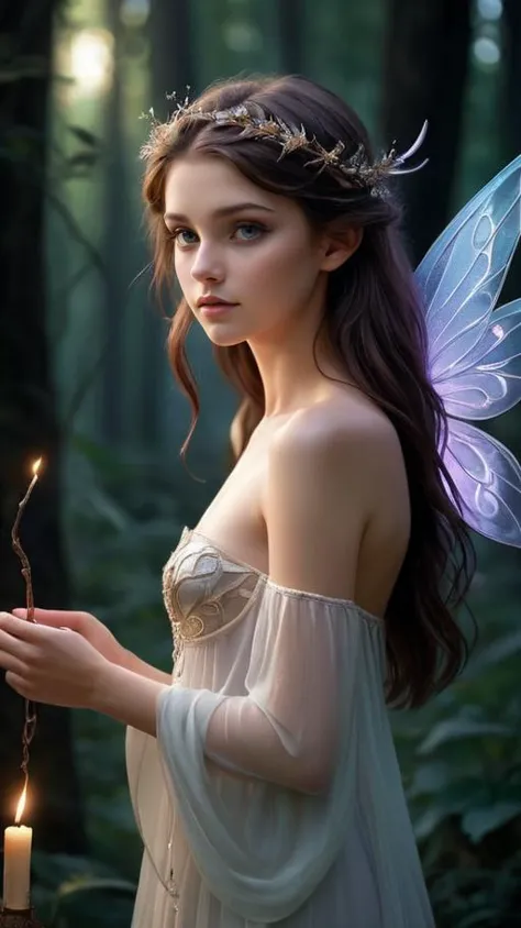 Amidst a glimmering glade bathed in the soft glow of twilight, a naked enchanting 18-year-old fairy ((casting a spell:1.2)). Her beauty radiates with an otherworldly grace, delicate features aglow in the iridescent light. She stands poised, delicate wings shimmering in hues of opalescent magic. With a gesture of elegance, her slender fingers trace intricate sigils in the air, weaving threads of mystical energy. Wisps of ethereal light dance around her, coalescing into shimmering trails that mirror the graceful movements of her incantation, a harmonious symphony between her unearthly charm and the arcane forces at her command.