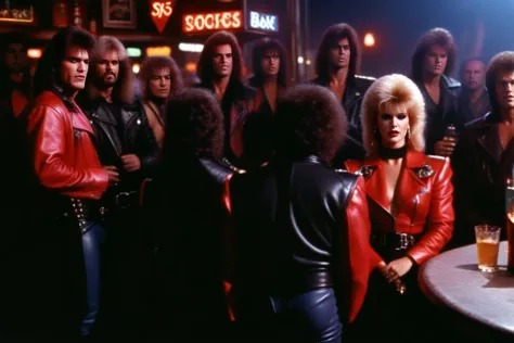 arafed group of people standing around a bar with a man in a red jacket