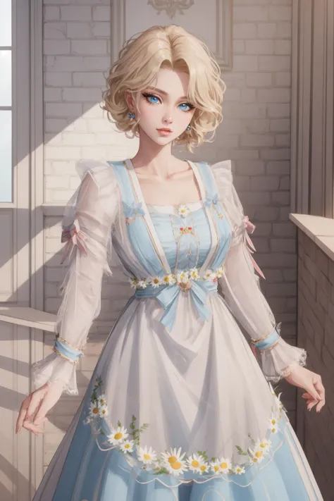 woman, (adult), solo, blonde hair, blue eyes, dress, bouffont dress, transparent long sleeves, daisies, cherry, 
sexy pose, sexy face, (high quality), (best quality), (detailed), perfect lighting, detailed face, detailed body,  