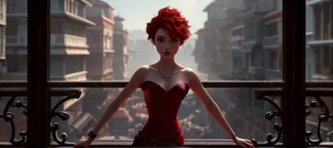 estilo pixar, hermosa modelo de belleza,  pelo rojo corto, textura natural de la piel, texturas 4K, hdr, Intrincado, muy detallado, enfoque nítido, aspecto cinematográfico, hiperdetallado, cinemática épica , cinematografía negra,  premio de moda futurista, balcón, romantic, ventanas, iluminación del borde  